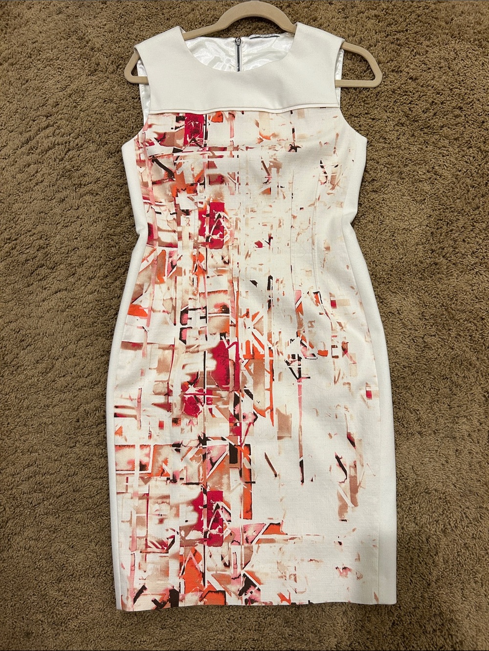 T Tahari Cream Sheath Dress with Pink & Orange Abstract Print